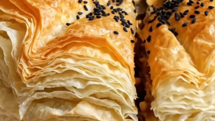 Golden crispy Turkish tray börek with spiced beef filling, sliced into squares