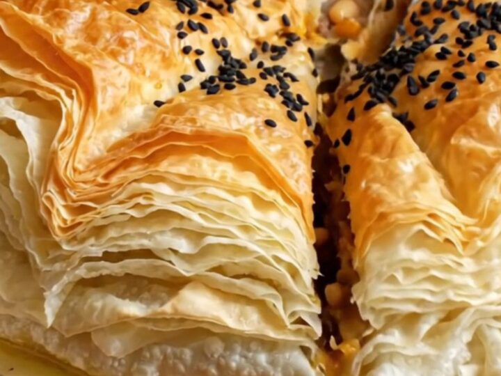 Golden crispy Turkish tray börek with spiced beef filling, sliced into squares