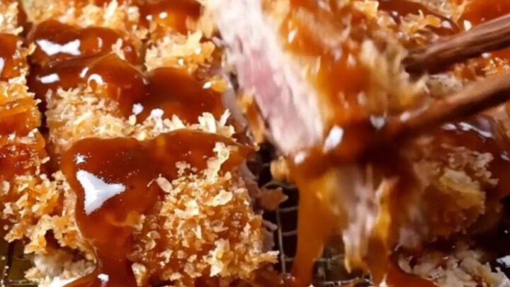 Sliced crispy tonkatsu cutlets with tangy sauce and shredded cabbage