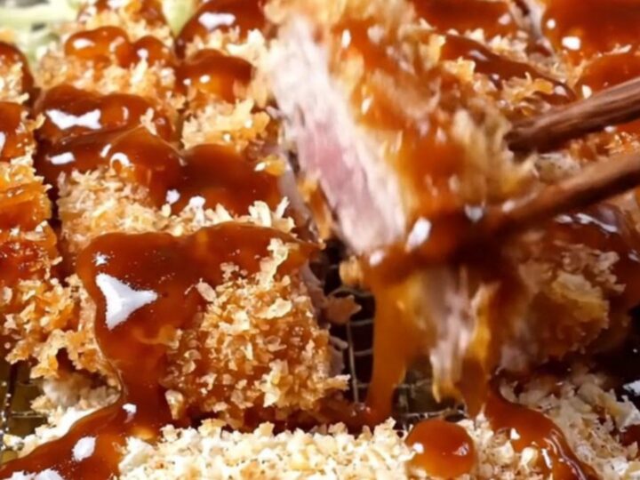 Sliced crispy tonkatsu cutlets with tangy sauce and shredded cabbage