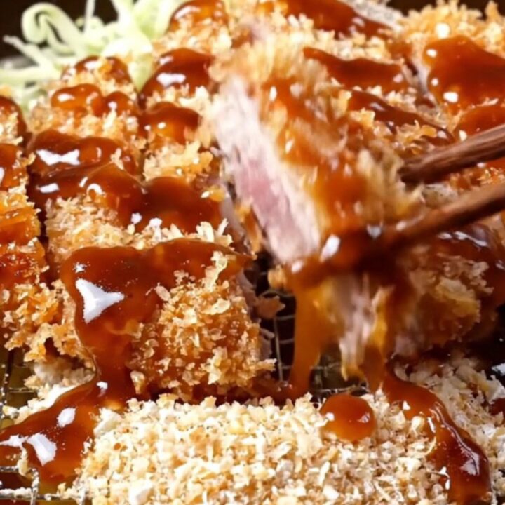 Sliced crispy tonkatsu cutlets with tangy sauce and shredded cabbage