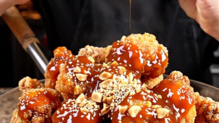 Crispy Korean sweet and spicy chicken tenders coated in glossy red glaze with peanuts and sesame seeds