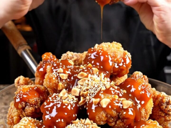 Crispy Korean sweet and spicy chicken tenders coated in glossy red glaze with peanuts and sesame seeds