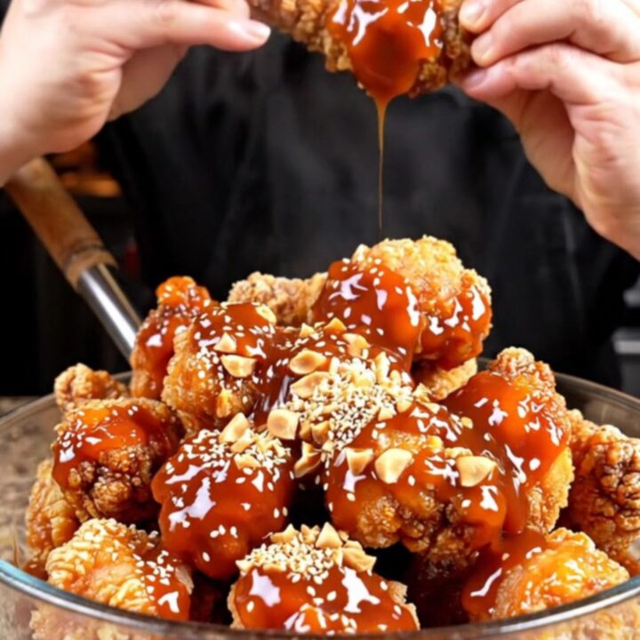 Crispy Korean sweet and spicy chicken tenders coated in glossy red glaze with peanuts and sesame seeds