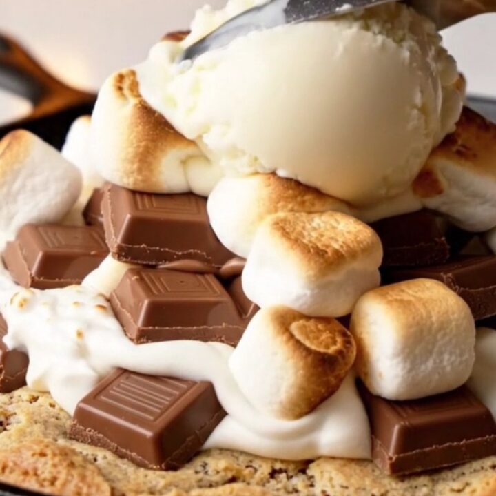 Giant s'mores skillet cookie with toasted marshmallow fluff and melted chocolate, served in a cast iron skillet.