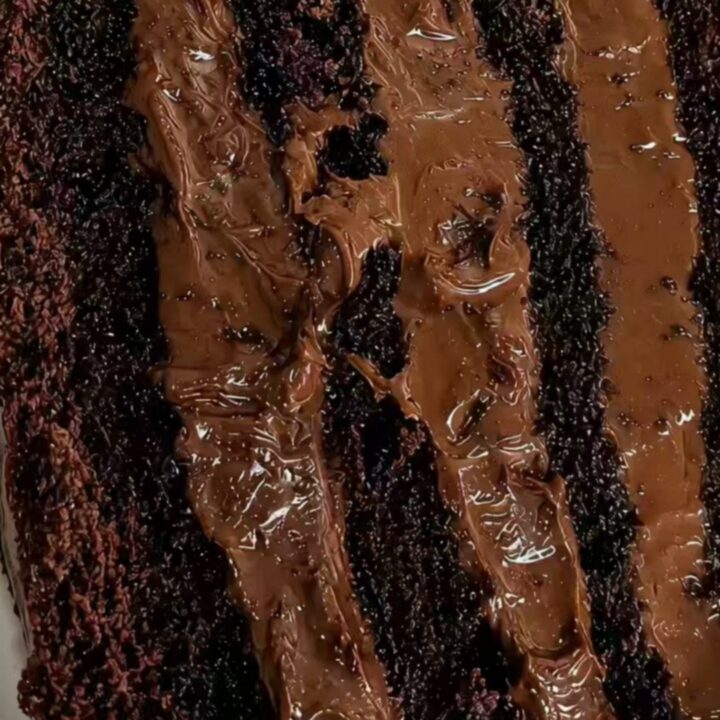A slice of decadent chocolate fudge layer cake on a white plate with a fork.