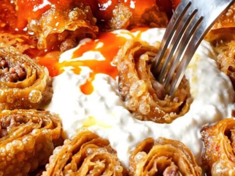 Beyti kebab pinwheels arranged in a circle around garlic yogurt, with tomato butter being poured over