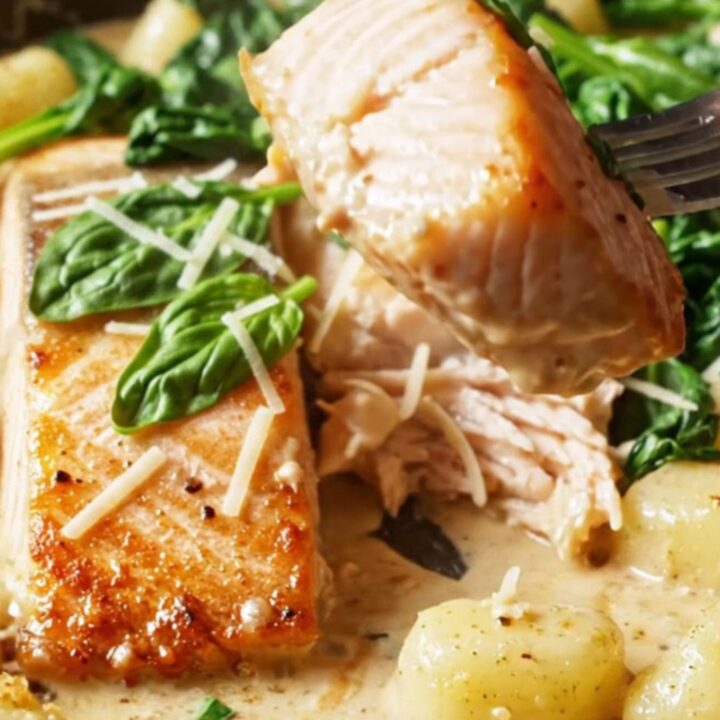 Crispy-skinned salmon fillet resting in a creamy sun-dried tomato sauce with golden gnocchi and wilted spinach in a skillet