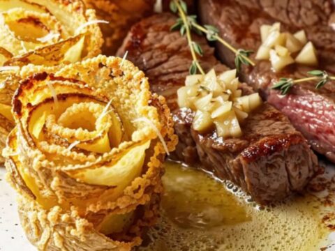Crispy parmesan potato flowers and garlic butter steak slices on a platter