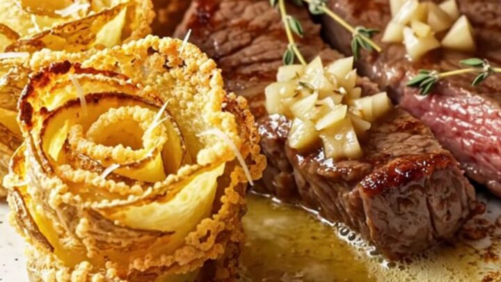 Crispy parmesan potato flowers and garlic butter steak slices on a platter