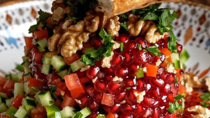 Turkish Gavurdağı salad with walnuts and pomegranate molasses in a bowl