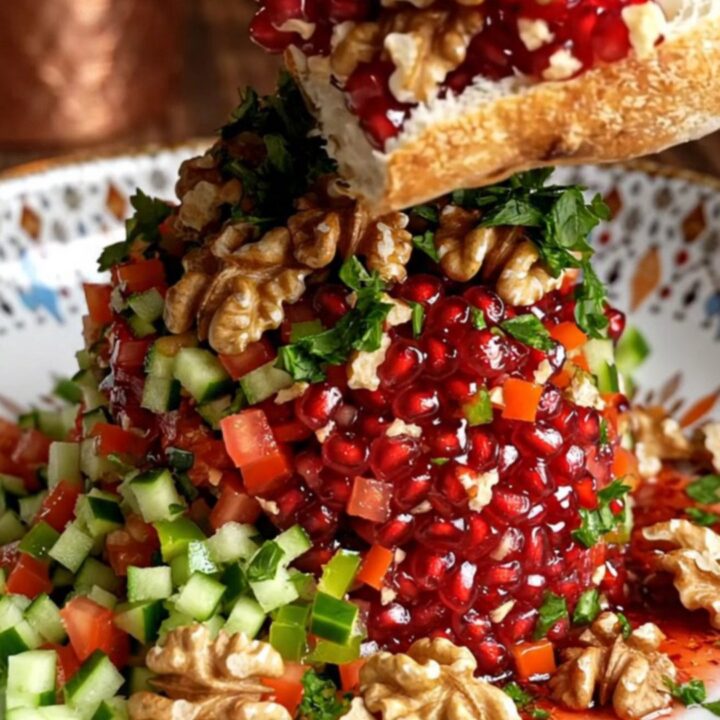 Turkish Gavurdağı salad with walnuts and pomegranate molasses in a bowl