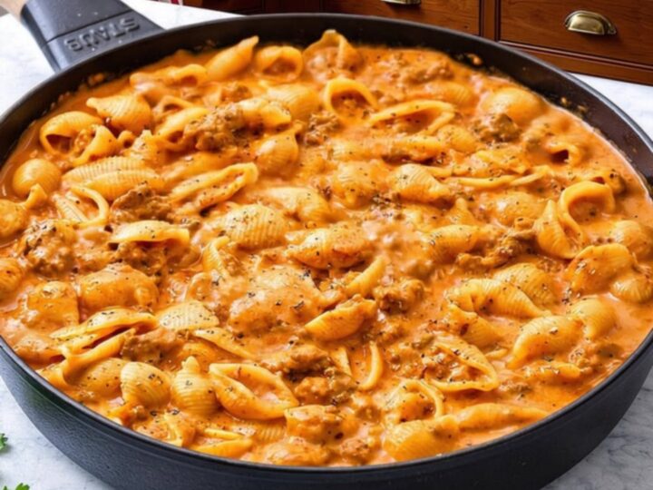 A close-up of a black skillet filled with creamy beef and pasta shells on a marble counter.