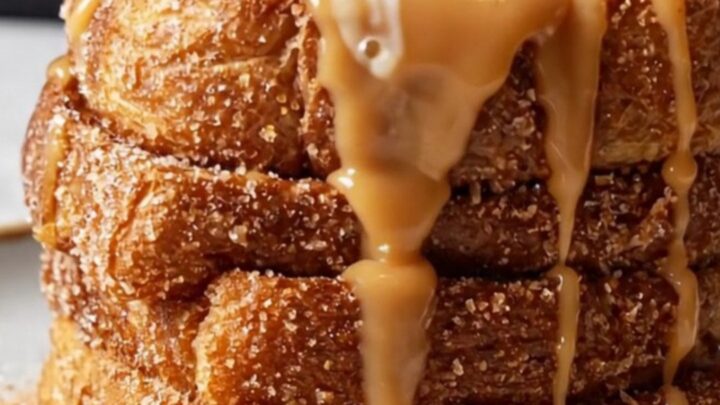 Giant stack of churro French toast topped with vanilla ice cream and dulce de leche