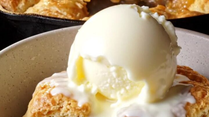 Skillet cinnamon pear cobbler with golden buttermilk biscuit topping and melting vanilla ice cream