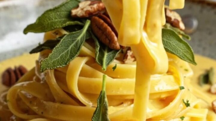 A plate of creamy butternut squash fettuccine topped with crispy sage and toasted pecans.