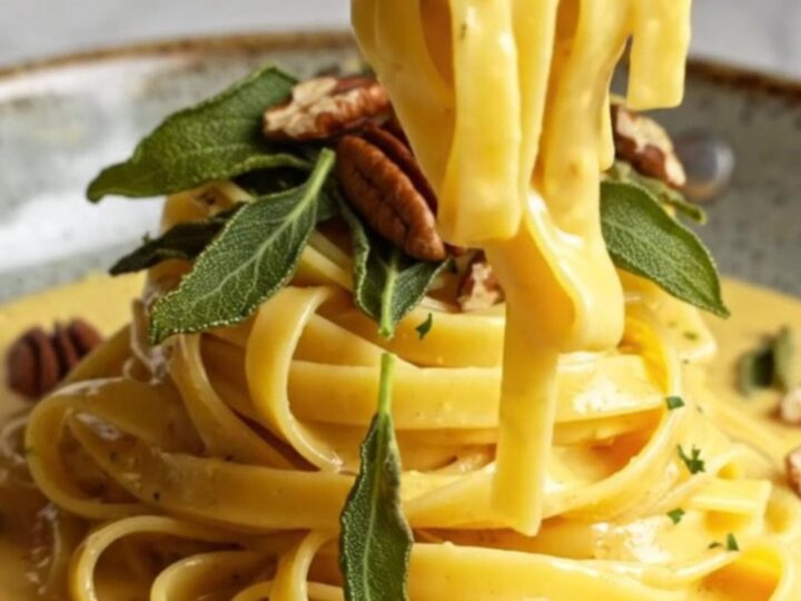 A plate of creamy butternut squash fettuccine topped with crispy sage and toasted pecans.