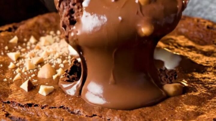 Warm skillet brownie with a crackly top and a scoop of vanilla ice cream, with molten Nutella flowing out