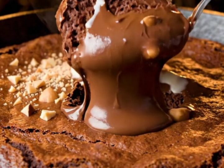 Warm skillet brownie with a crackly top and a scoop of vanilla ice cream, with molten Nutella flowing out