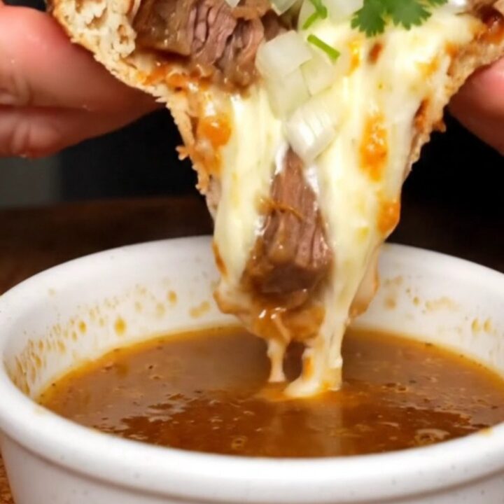 A slice of birria stuffed crust pizza being pulled, with melted cheese stretching and the crust broken to show the molten
