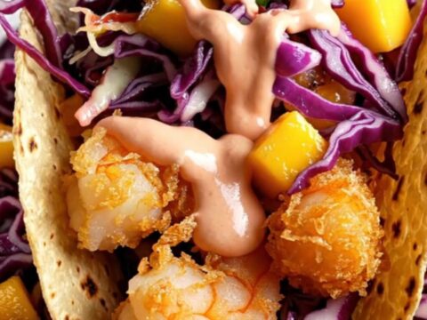 Crispy Baja shrimp tacos with mango slaw and chipotle crema on corn tortillas