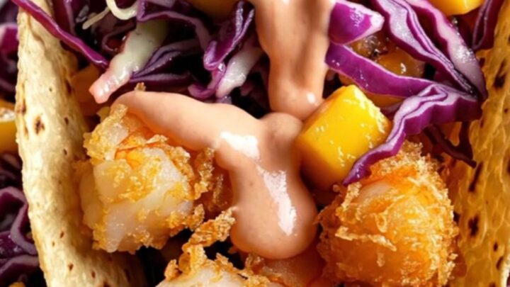 Crispy Baja shrimp tacos with mango slaw and chipotle crema on corn tortillas