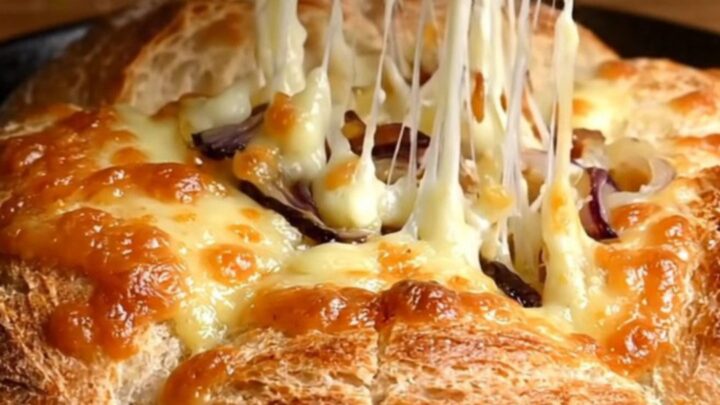 Golden pull-apart bread with melted cheese and caramelized onions in a cast iron skillet