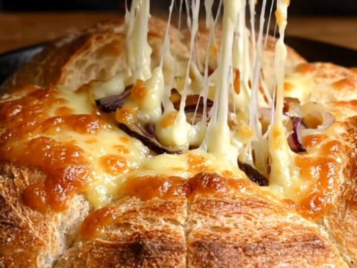 Golden pull-apart bread with melted cheese and caramelized onions in a cast iron skillet