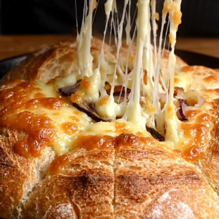 Golden pull-apart bread with melted cheese and caramelized onions in a cast iron skillet