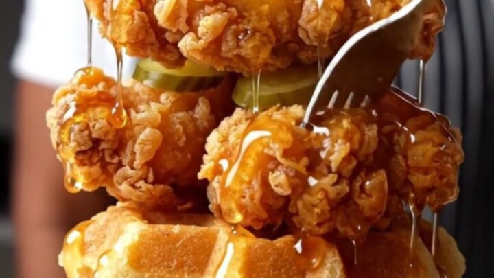 Crispy Nashville hot chicken tenders stacked on waffles with pickles and honey