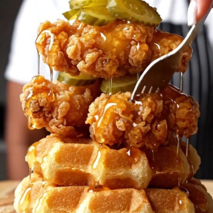 Crispy Nashville hot chicken tenders stacked on waffles with pickles and honey