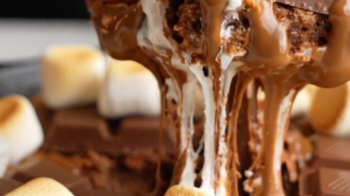 Warm s'mores skillet blondie with toasted marshmallows and melted chocolate, served with vanilla ice cream.