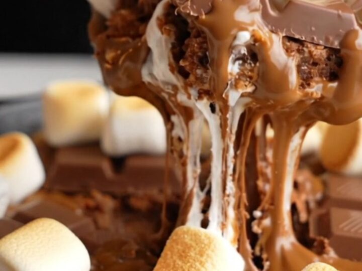 Warm s'mores skillet blondie with toasted marshmallows and melted chocolate, served with vanilla ice cream.