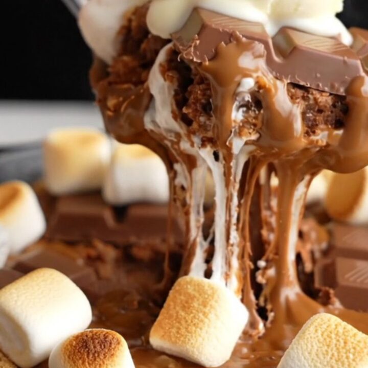Warm s'mores skillet blondie with toasted marshmallows and melted chocolate, served with vanilla ice cream.