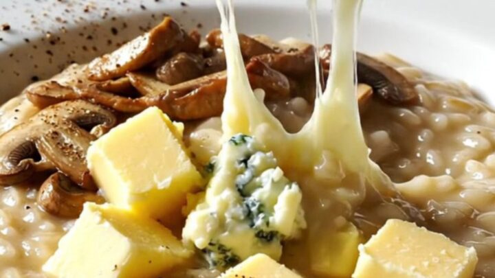 Creamy wild mushroom and Gorgonzola risotto in a pan with seared mushrooms and thyme.