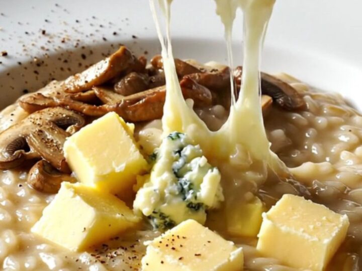 Creamy wild mushroom and Gorgonzola risotto in a pan with seared mushrooms and thyme.