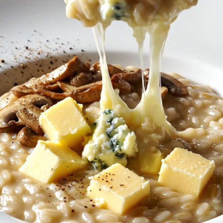 Creamy wild mushroom and Gorgonzola risotto in a pan with seared mushrooms and thyme.