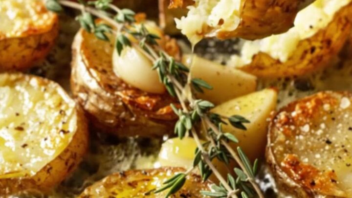 Golden crispy smashed red potatoes drizzled with garlic herb butter, garnished with thyme and flaky salt