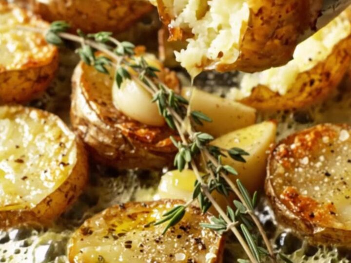 Golden crispy smashed red potatoes drizzled with garlic herb butter, garnished with thyme and flaky salt