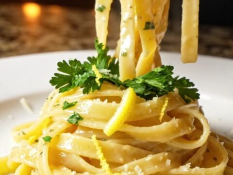 Twirled fettuccine with creamy lemon garlic sauce, topped with seared lobster chunks, parsley, and lemon zest.