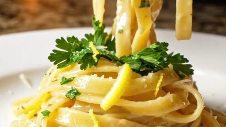 Twirled fettuccine with creamy lemon garlic sauce, topped with seared lobster chunks, parsley, and lemon zest.