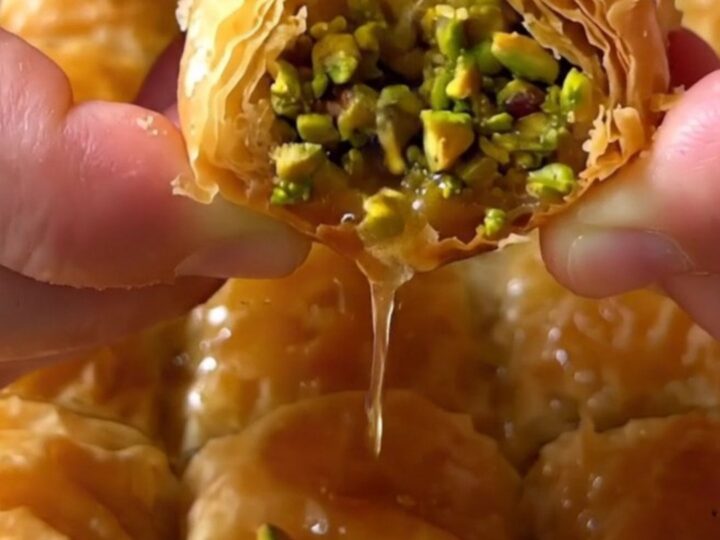 Golden pistachio rolled baklava fingers on a serving platter, drizzled with syrup and sprinkled with ground pistachios