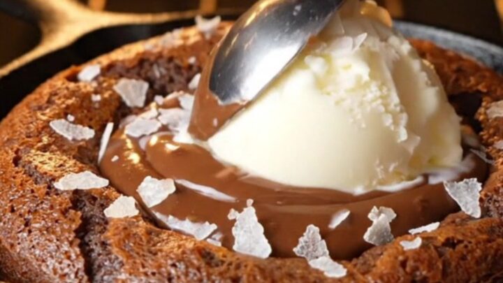 Molten chocolate hazelnut skillet lava cake with vanilla ice cream and sea salt, spoon breaking the center