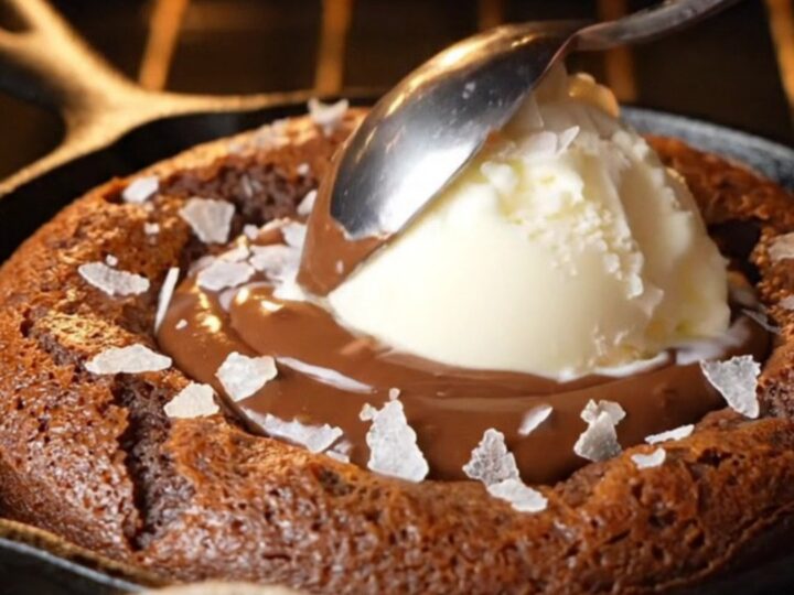 Molten chocolate hazelnut skillet lava cake with vanilla ice cream and sea salt, spoon breaking the center