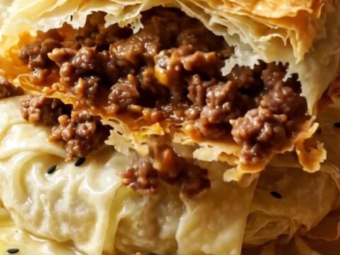 Golden brown Turkish börek with flaky layers and spiced beef, cut into squares on a copper tray