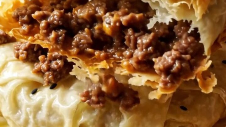 Golden brown Turkish börek with flaky layers and spiced beef, cut into squares on a copper tray
