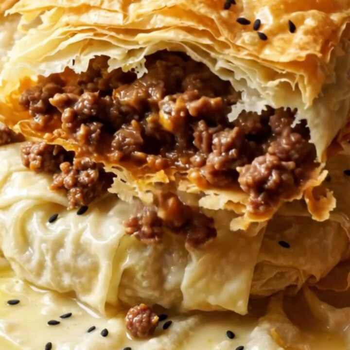 Golden brown Turkish börek with flaky layers and spiced beef, cut into squares on a copper tray