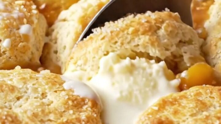 Cast iron skillet with golden buttermilk biscuits over bubbling peach filling