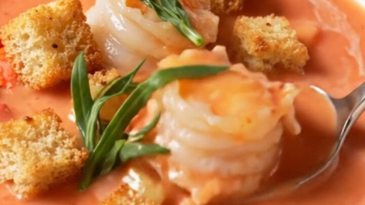 A bowl of creamy coral-pink lobster bisque topped with lobster medallions and garlic croutons, garnished with fresh tarragon.