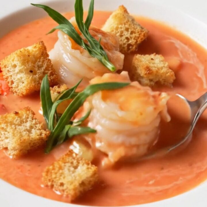 A bowl of creamy coral-pink lobster bisque topped with lobster medallions and garlic croutons, garnished with fresh tarragon.